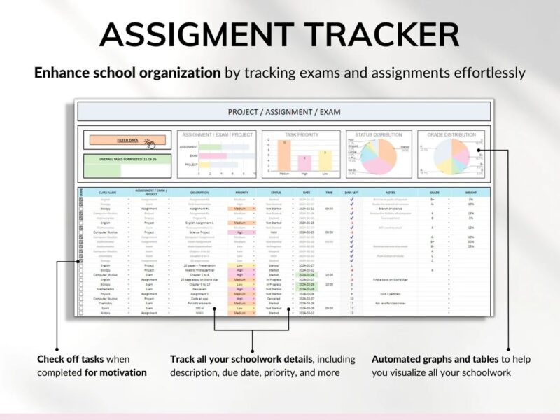 Student Planner- Assignment Tracker, Academic Planner Google Sheets Excel Task Tracker With Automated Calendar - Image 10