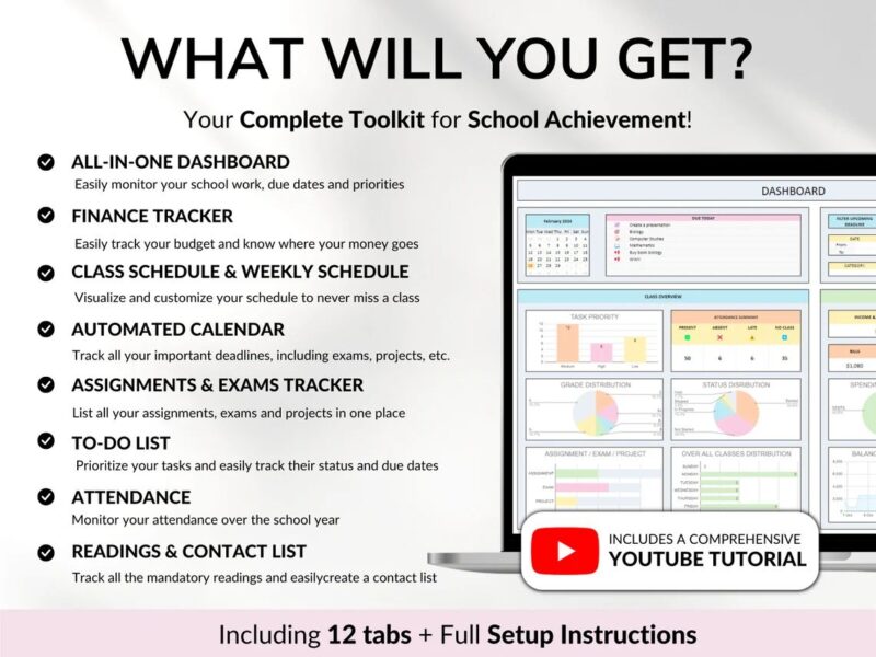 Student Planner- Assignment Tracker, Academic Planner Google Sheets Excel Task Tracker With Automated Calendar - Image 3