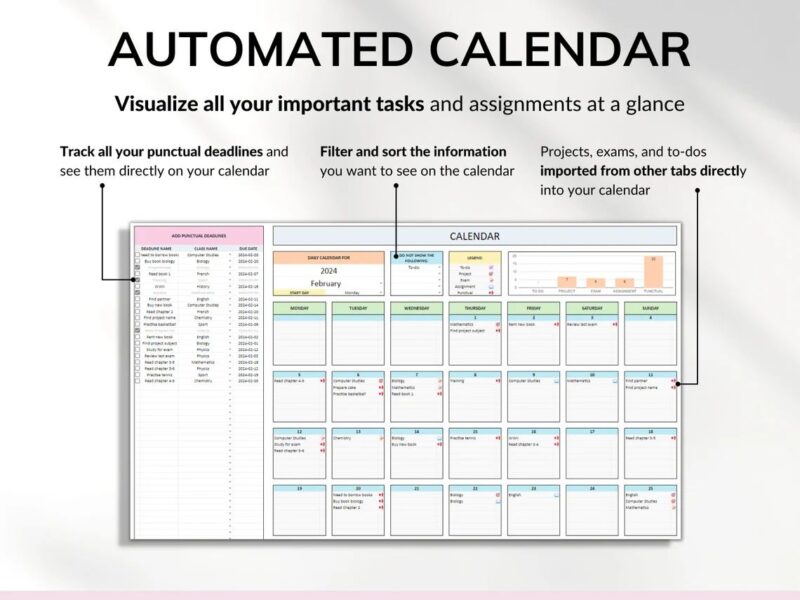 Student Planner- Assignment Tracker, Academic Planner Google Sheets Excel Task Tracker With Automated Calendar - Image 4