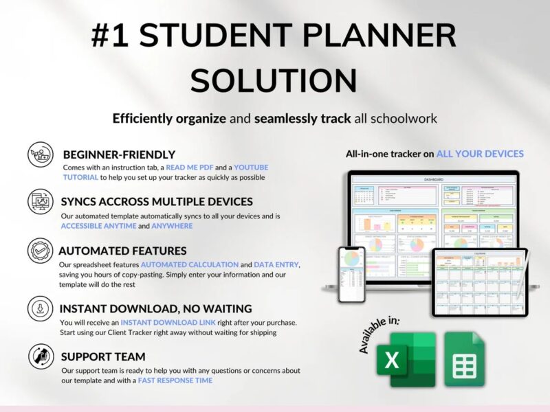 Student Planner- Assignment Tracker, Academic Planner Google Sheets Excel Task Tracker With Automated Calendar - Image 6